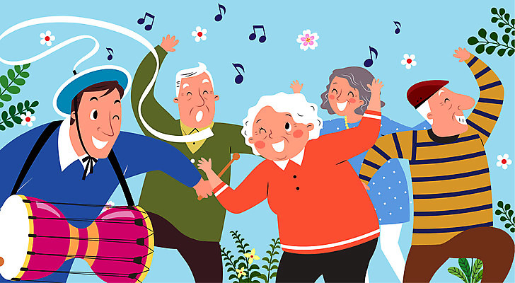 여자 할아버지 노년 남자 꽃 할머니 음표 일러스트 나뭇잎 사람 여러명 성인 손들기 교사 춤 즐거움 장구 상모 노인유치원 국내일러스트 AI파일 식물 직업 기호 교육 감정 음악 다수 잎 모션 문화예술 타악기 국악기 파일형식 벡터