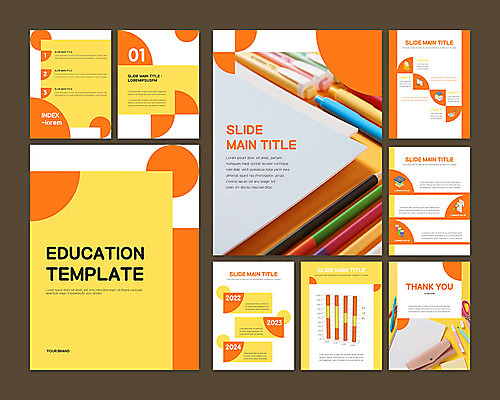 템플릿 교육 종이 비즈니스 그래프 문구용품 사람없음 세트 필기구 펜 노란색 주황색 계획 PPT 프레젠테이션 문서템플릿 9P 이미지템플릿 컬러 컨셉 오브젝트 파일형식