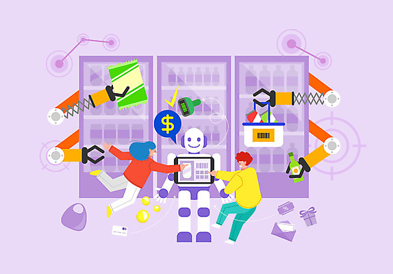 여자 남자 일러스트 모바일 들기 사람 성인 두명 과자 보라색 동전 터치 신용카드 스마트 장바구니 로봇 결제 냉장고 로봇팔 무인화 성인만 무인매장 포스트코로나 온택트 스토어 위드코로나 국내일러스트 AI파일 컬러 컨셉 돈 모션 디저트 금융 쇼핑 바구니 상점 가전제품 사회이슈 파일형식 벡터 코로나바이러스