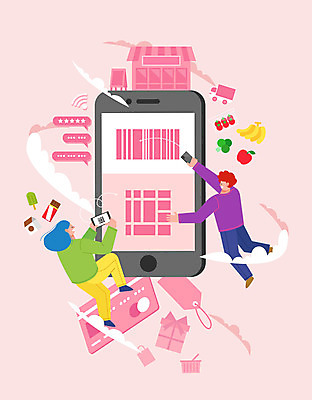 여자 남자 분홍색 과일 일러스트 방울토마토 모바일 아이스크림 디저트 바나나 사람 성인 두명 스마트폰 상점 초콜릿 신용카드 사과 브로콜리 장바구니 바코드 QR코드 초코우유 성인만 스마트페이 포스트코로나 온택트 스토어 위드코로나 제로페이 국내일러스트 AI파일 음식 컬러 토마토 채소 금융 핸드폰 스마트기기 쇼핑 바구니 우유 사회이슈 스마트 결제 파일형식 벡터 코로나바이러스