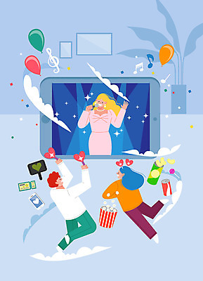 여자 남자 화분 음료 거실 음표 일러스트 응원 모바일 사탕 들기 사람 성인 세명 파란색 스마트폰 태블릿 과자 콘서트 공연 가수 하트 티켓 팝콘 꽃가루 풍선 연예인 성인만 포스트코로나 응원봉 온택트 위드코로나 국내일러스트 AI파일 모양 직업 기호 음악 컬러 모션 디저트 이벤트 전자제품 핸드폰 스마트기기 음악가 가루 사회이슈 파일형식 벡터 코로나바이러스