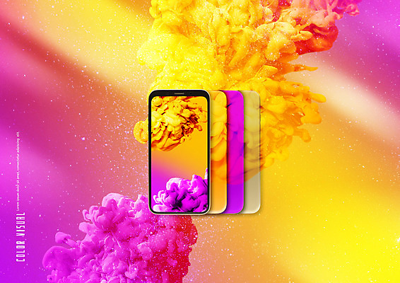 PSD 편집이미지 분홍색 백그라운드 디지털백그라운드 잉크 사람없음 스마트폰 노란색 우주 번짐 목업 이미지편집 컬러 핸드폰 스마트기기 파일형식 효과