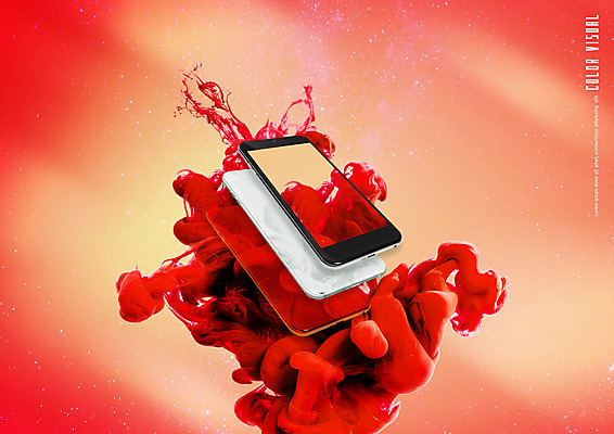 PSD 편집이미지 백그라운드 디지털백그라운드 잉크 사람없음 빨간색 스마트폰 우주 번짐 목업 이미지편집 컬러 핸드폰 스마트기기 파일형식 효과