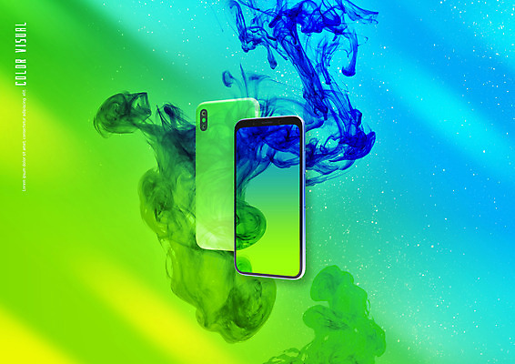 PSD 편집이미지 백그라운드 디지털백그라운드 잉크 사람없음 초록색 파란색 스마트폰 우주 번짐 목업 이미지편집 컬러 핸드폰 스마트기기 파일형식 효과