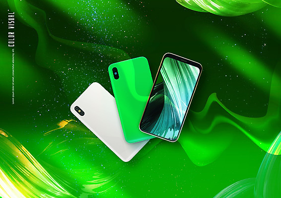 PSD 편집이미지 백그라운드 곡선 디지털백그라운드 사람없음 초록색 스마트폰 우주 기하학 홀로그램 목업 이미지편집 선 컬러 무늬 핸드폰 스마트기기 파일형식