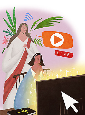 PSD 여자 남자 기독교 종교 일러스트 모바일 들기 사람 성인 두명 컴퓨터 교회 모니터 헤드폰 성경 기도 풀 예수 예배 와이파이 방송 커서 온라인 동영상 라이브 플레이 성인만 온택트 국내일러스트 식물 음향기기 종교용품 종교건축 모션 건물 전자제품 신_종교 무선인터넷 파일형식