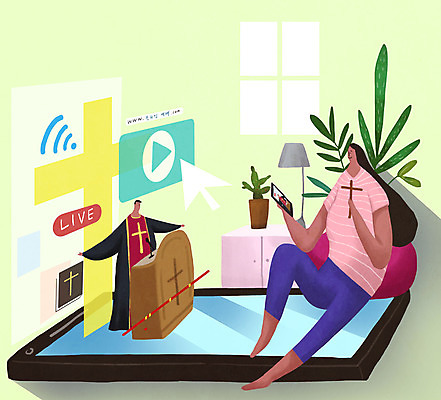 PSD 여자 남자 기독교 종교 화분 십자가 일러스트 창문 베개 모바일 전등 들기 사람 앉기 성인 두명 스마트폰 교회 성경 기도 풀 목사 서랍장 예배 와이파이 방송 커서 온라인 동영상 라이브 플레이 성인만 온택트 국내일러스트 식물 가구 종교용품 종교건축 침구 모션 조명 건물 핸드폰 스마트기기 성직자 무선인터넷 파일형식