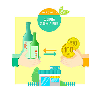 PSD 손 화살표 돈 일러스트 유리병 신체부위 노란색 환경 거래 주기 분리수거 마트 환불 국내일러스트 컬러 모션 병_용기 사람 금융 상점 재산 파일형식