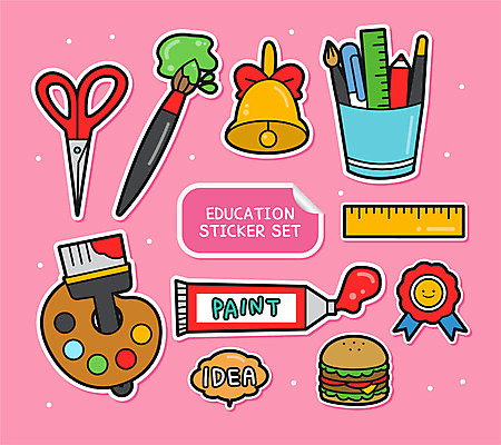 교육 분홍색 스티커 일러스트 아이디어 가위 자 사람없음 세트 물감 종 햄버거 붓 팔레트 연필꽂이 배지 아기자기 국내일러스트 AI파일 컬러 컨셉 문구용품 패스트푸드 미술도구 파일형식 벡터