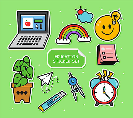 구름 교육 화분 무지개 스티커 일러스트 전구 미소 사람없음 연두색 노트북 세트 태양 자명종 종이비행기 포스트잇 컴파스 커터칼 아기자기 국내일러스트 AI파일 자연요소 시계 컨셉 문구용품 표정 초록색 전자제품 사무용품 알람 메모지 종이접기 파일형식 벡터