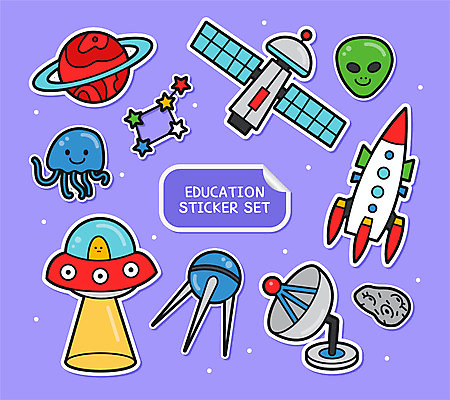 교육 스티커 일러스트 사람없음 세트 우주 보라색 별자리 행성 인공위성 로켓 외계인 우주선 UFO 운석 아기자기 국내일러스트 AI파일 컬러 컨셉 통신 미확인물체 파일형식 벡터