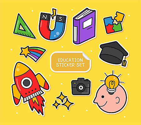 교육 얼굴 스티커 일러스트 학사모 전구 사람없음 책 세트 노란색 카메라 로켓 퍼즐 삼각자 자석 아기자기 국내일러스트 AI파일 모자_잡화 컬러 컨셉 졸업 자 신체부위 전자제품 파일형식 벡터