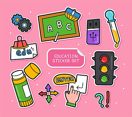 교육 분홍색 스티커 일러스트 손가락 사람없음 세트 칠판 물음표 딱풀 느낌표 신호등 USB 스포이트 칠판지우개 엔터 아기자기 국내일러스트 AI파일 손 기호 컬러 컨셉 풀_접착제 피펫 파일형식 벡터
