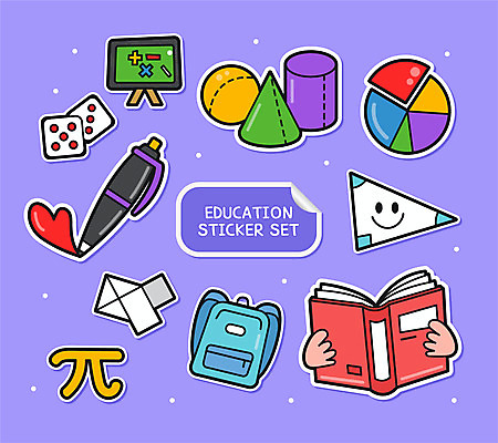 도형 교육 스티커 일러스트 그래프 책가방 사람없음 책 세트 태블릿 펜 보라색 쪽지 삼각형 주사위 아기자기 국내일러스트 AI파일 컬러 컨셉 가방 전자제품 스마트기기 필기구 파일형식 벡터
