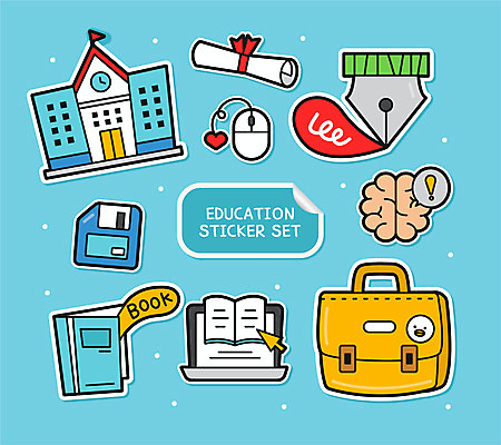 교육 스티커 가방 일러스트 학교 하늘 책가방 사람없음 책 노트북 세트 만년필 마우스 플로피디스크 뇌 문서 아기자기 국내일러스트 AI파일 잡화 컨셉 전자제품 펜 컴퓨터용품 파일형식 벡터
