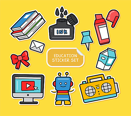 교육 리본 스티커 일러스트 잉크 사람없음 책 컴퓨터 세트 노란색 우유 압정 로봇 라디오 영상 형광펜 아기자기 국내일러스트 AI파일 컬러 컨셉 유제품 전자제품 펜 사무용품 파일형식 벡터
