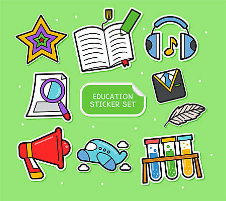 교육 교복 별 스티커 일러스트 돋보기 비행기 실험 사람없음 책 연두색 세트 헤드폰 확성기 기록 알림 플라스크 아기자기 국내일러스트 AI파일 자연요소 옷 음향기기 컨셉 항공교통 대중교통 실험기구 초록색 파일형식 벡터