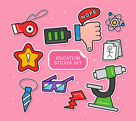 교육 종이 안경 분홍색 스티커 일러스트 넥타이 현미경 사람없음 세트 번개 건전지 호루라기 아기자기 국내일러스트 AI파일 잡화 컬러 컨셉 날씨 실험기구 파일형식 벡터