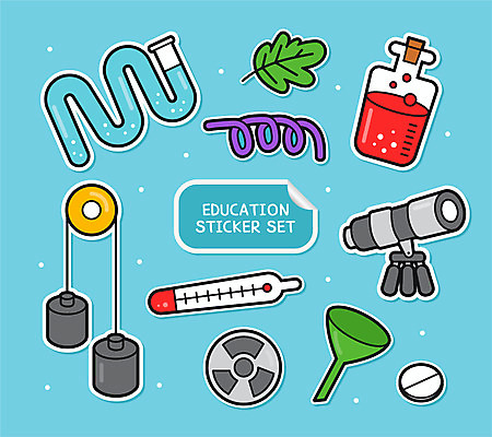 교육 과학 스티커 잎 일러스트 하늘 사람없음 세트 알약 약 망원경 온도계 체온계 플라스크 추 아기자기 국내일러스트 AI파일 식물 컨셉 의학 실험기구 파일형식 벡터