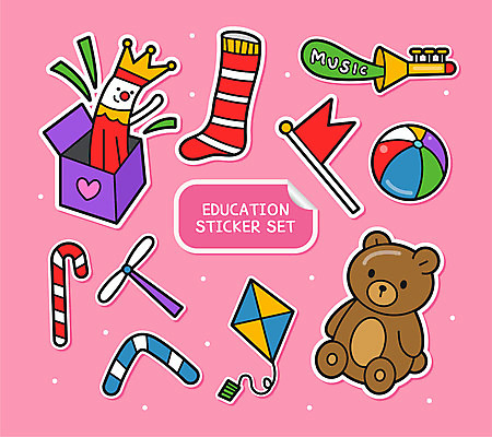 교육 인형 분홍색 스티커 일러스트 공 양말 사탕 사람없음 세트 장난감 곰인형 깃발 나팔 연 부메랑 아기자기 국내일러스트 AI파일 악기 컬러 컨셉 디저트 놀이용품 파일형식 벡터