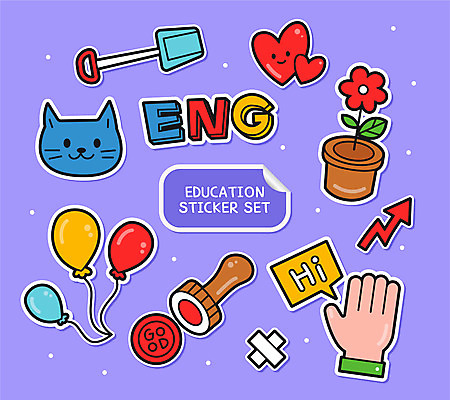 손 영어 교육 화분 스티커 일러스트 사람없음 세트 도장 보라색 고양이 하트 인사 삽 풍선 아기자기 국내일러스트 AI파일 모양 문자 컬러 컨셉 포유류 신체부위 반려동물 예절 파일형식 벡터