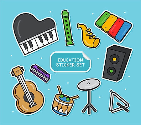 교육 스티커 일러스트 하늘 사람없음 세트 스피커 기타 피아노 호루라기 나팔 북 트라이앵글 드럼 실로폰 리코더 아기자기 국내일러스트 AI파일 악기 음향기기 컨셉 현악기 타악기 건반악기 목관악기 파일형식 벡터
