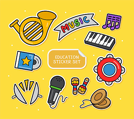 교육 음악 스티커 음표 일러스트 사람없음 세트 노란색 CD 피아노 마이크 탬버린 심벌즈 호른 곤봉 캐스터네츠 아기자기 국내일러스트 AI파일 기호 스포츠용품 컬러 음향기기 컨셉 문화예술 타악기 건반악기 금관악기 파일형식 벡터