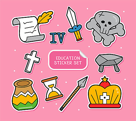 교육 창 분홍색 십자가 스티커 일러스트 왕관 해골 사람없음 세트 항아리 역사 모래시계 고인돌 아기자기 국내일러스트 AI파일 무기 모래 시계 컬러 컨셉 뼈 무덤 도자기 청동기 파일형식 벡터