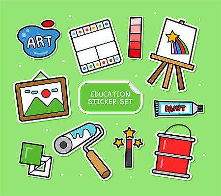 교육 액자 스티커 일러스트 사람없음 연두색 세트 페인트 물감 팔레트 물통 이젤 롤러 아기자기 국내일러스트 컬러칩 AI파일 컨셉 초록색 미술도구 파일형식 벡터