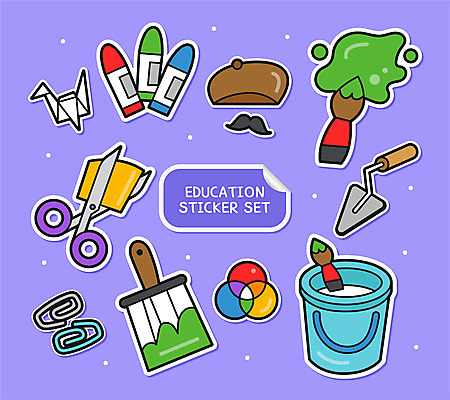 교육 스티커 일러스트 가위 미술 사람없음 세트 보라색 물감 붓 물통 크레파스 클립 색종이 학종이 아기자기 국내일러스트 AI파일 종이 컬러 컨셉 문화예술 문구용품 학용품 미술도구 파일형식 벡터