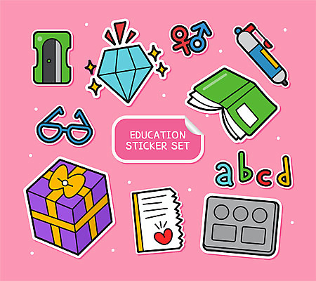영어 교육 안경 분홍색 스티커 일러스트 선물 사람없음 책 세트 펜 다이아몬드 성별 식판 연필깎이 아기자기 국내일러스트 AI파일 문자 잡화 컬러 컨셉 문구용품 필기구 보석 파일형식 벡터