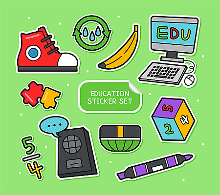 교육 운동화 스티커 일러스트 바나나 사람없음 연두색 컴퓨터 세트 스피커 블록 키보드 퍼즐 분수 칠판지우개 형광펜 아기자기 국내일러스트 AI파일 음향기기 신발 컨셉 과일 초록색 전자제품 펜 파일형식 벡터