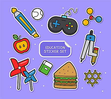 교육 과학 스티커 일러스트 샌드위치 사람없음 세트 보라색 사과 게임기 바람개비 야구공 지우개 컴파스 형광펜 아기자기 국내일러스트 AI파일 음식 컬러 컨셉 과일 공 문구용품 학용품 펜 야구용품 파일형식 벡터