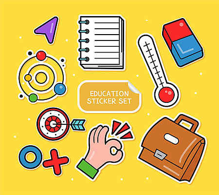 교육 스티커 서류가방 가방 일러스트 사람없음 세트 노란색 공책 행성 OK 온도계 체온계 다트 자석 아기자기 국내일러스트 AI파일 잡화 컬러 컨셉 문구용품 손짓 우주 게임 파일형식 벡터