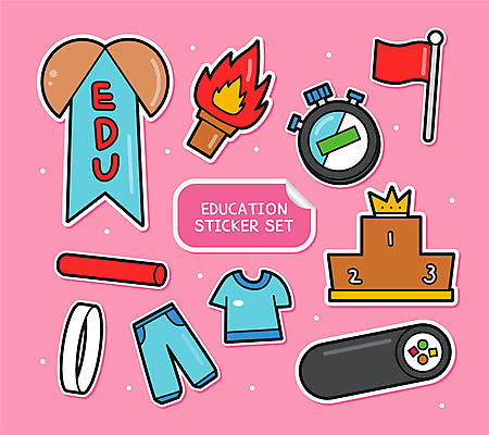 교육 분홍색 스티커 일러스트 사람없음 세트 깃발 김밥 체육복 박 지휘봉 체육대회 순위 초시계 횃불 아기자기 국내일러스트 AI파일 음식 시계 컬러 컨셉 운동복 도구 체육 대회 파일형식 벡터