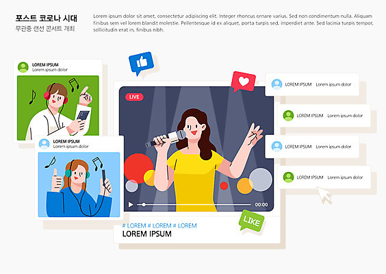 여자 남자 일러스트 노래 모바일 들기 사람 성인 세명 스마트폰 헤드폰 콘서트 가수 최고 군중 동영상 라이브 소셜네트워크 채팅 좋음 성인만 스트리밍 포스트코로나 온택트 위드코로나 국내일러스트 AI파일 음악 음향기기 컨셉 모션 핸드폰 스마트기기 공연 음악가 사회이슈 방송 파일형식 벡터 코로나바이러스