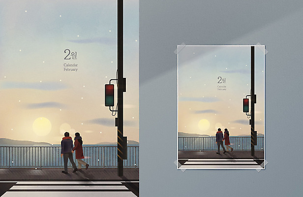 전신 커플 계절 여자 남자 바다 백그라운드 겨울 일러스트 두명 태양 노을 회색 달력 횡단보도 추억 신호등 보케 2월 목업 겨울배경 국내일러스트 AI파일 자연요소 컬러 컨셉 관계 사람 날짜 보행로 파일형식 벡터