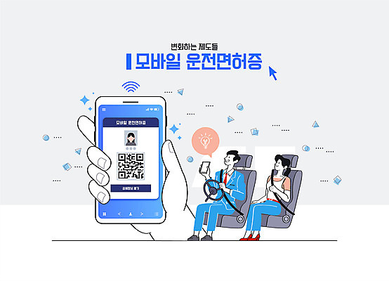 전신 여자 남자 일러스트 모바일 두명 파란색 스마트폰 디지털 네트워크 편리함 QR코드 운전면허증 제도 국내일러스트 AI파일 컬러 컨셉 사람 핸드폰 스마트기기 면허증 파일형식 벡터