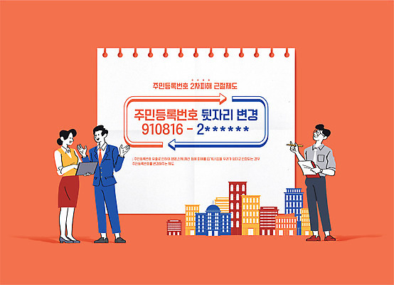 전신 여자 남자 화살표 일러스트 빌딩 건물 세명 주황색 도시 시청 동사무소 제도 주민등록번호 국내일러스트 AI파일 건축물 컬러 사람 관공서 파일형식 벡터