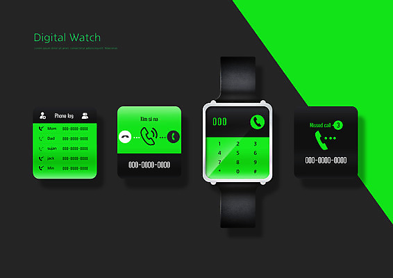 PSD 편집이미지 시계 모바일 사람없음 초록색 세트 전화기 통화 전화번호 UI 디지털시계 발신 수신 엘리먼트 인터페이스 목업 스마트워치 대시보드 와이어프레임 이미지편집 컬러 모션 스마트기기 웨어러블 파일형식