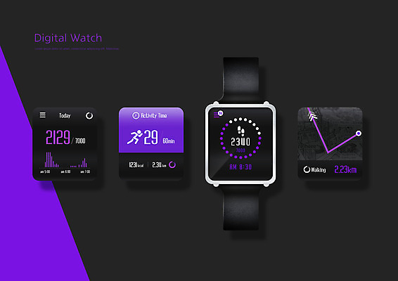 PSD 편집이미지 시계 지도 모바일 그래프 사람없음 세트 달리기 보라색 발자국 UI 디지털시계 엘리먼트 인터페이스 목업 스마트워치 대시보드 만보기 와이어프레임 이미지편집 컬러 자국 모션 스마트기기 웨어러블 파일형식