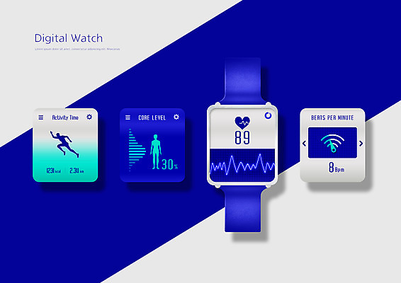 PSD 편집이미지 시계 모바일 그래프 건강 사람없음 파란색 세트 달리기 하트 맥박 UI 디지털시계 엘리먼트 인터페이스 목업 스마트워치 대시보드 와이어프레임 이미지편집 모양 컬러 의학 모션 스마트기기 웨어러블 파일형식