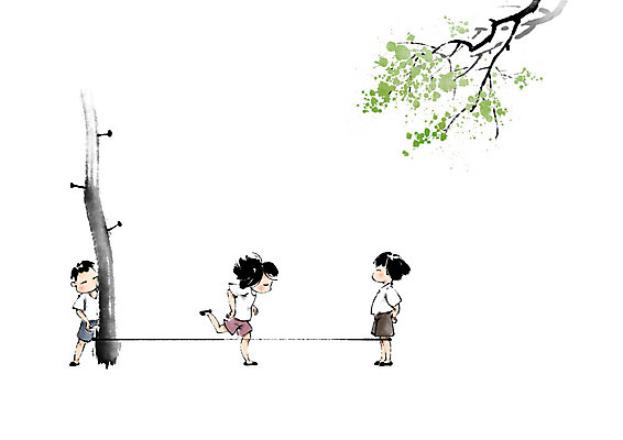 PSD 나무 여자 남자 어린이 일러스트 캘리그라피 놀이 붓터치 세명 친구 마을 고무줄 전봇대 번짐 고무줄놀이 어린이만 국내일러스트 식물 공공시설 관계 사람 파일형식 효과