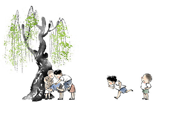 PSD 나무 남자 어린이 일러스트 캘리그라피 놀이 붓터치 여러명 친구 달리기 마을 번짐 말뚝박기 소년만 국내일러스트 식물 다수 관계 모션 사람 전통놀이 남자만 어린이만 파일형식 효과