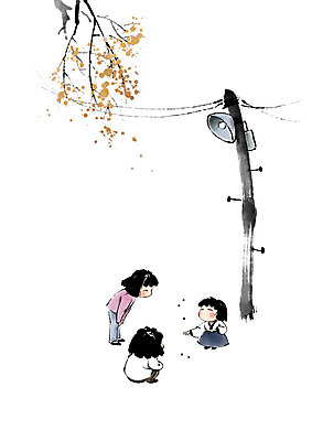 PSD 나무 여자 어린이 가로등 일러스트 캘리그라피 놀이 붓터치 세명 친구 마을 전선 전봇대 번짐 공기놀이 소녀만 국내일러스트 식물 공공시설 관계 사람 여자만 어린이만 파일형식 효과