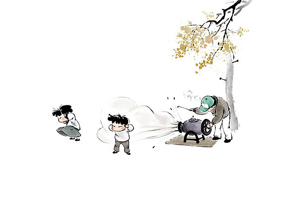 PSD 나무 여자 남자 어린이 일러스트 캘리그라피 붓터치 성인 세명 친구 마을 귀막기 전봇대 아저씨 번짐 장사 뻥튀기 국내일러스트 식물 공공시설 관계 사람 손짓 과자 상업 파일형식 효과