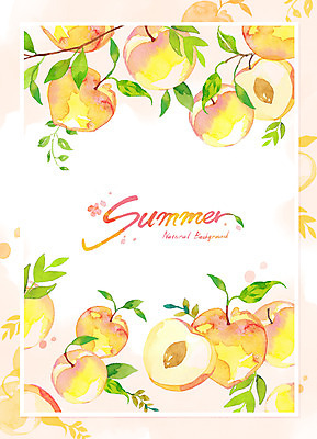 PSD 영어 백그라운드 잎 과일 일러스트 가지 수채화 프레임 글자캘리그라피 사람없음 여름 노란색 번짐 복숭아 제철과일 국내일러스트 식물 문자 계절 컬러 채소 캘리그라피 제철 파일형식 효과