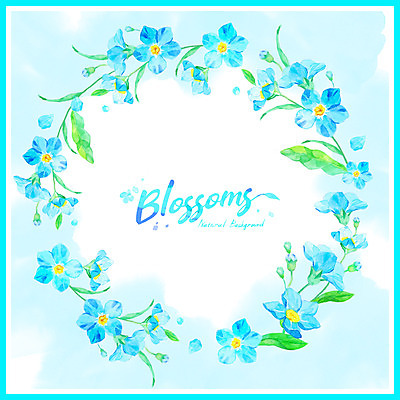PSD 영어 백그라운드 일러스트 수채화 프레임 글자캘리그라피 사람없음 파란색 번짐 원형프레임 물망초 국내일러스트 문자 꽃 컬러 캘리그라피 원형 파일형식 효과
