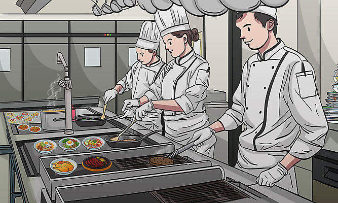 여자 남자 음식 일러스트 주방용품 요리사모자 요리 성인 세명 경제 주방 요리사 조리복 냉장고 성인만 국내일러스트 AI파일 직업 모자_잡화 생활용품 유니폼 사람 가전제품 파일형식 벡터