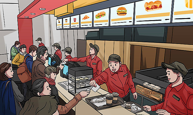 여자 남자 일러스트 패스트푸드 여러명 상반신 성인 경제 식당 햄버거 바쁨 주문 성인만 국내일러스트 AI파일 다수 사람 상점 인스턴트 파일형식 벡터